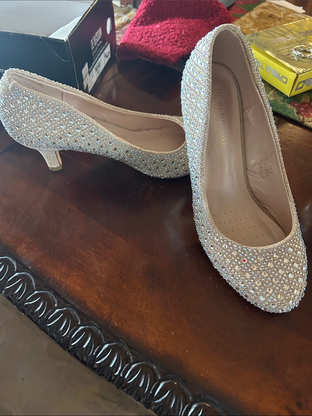 De Blossom Collection Crystal Embellished Ivory Mid Heel Pumps